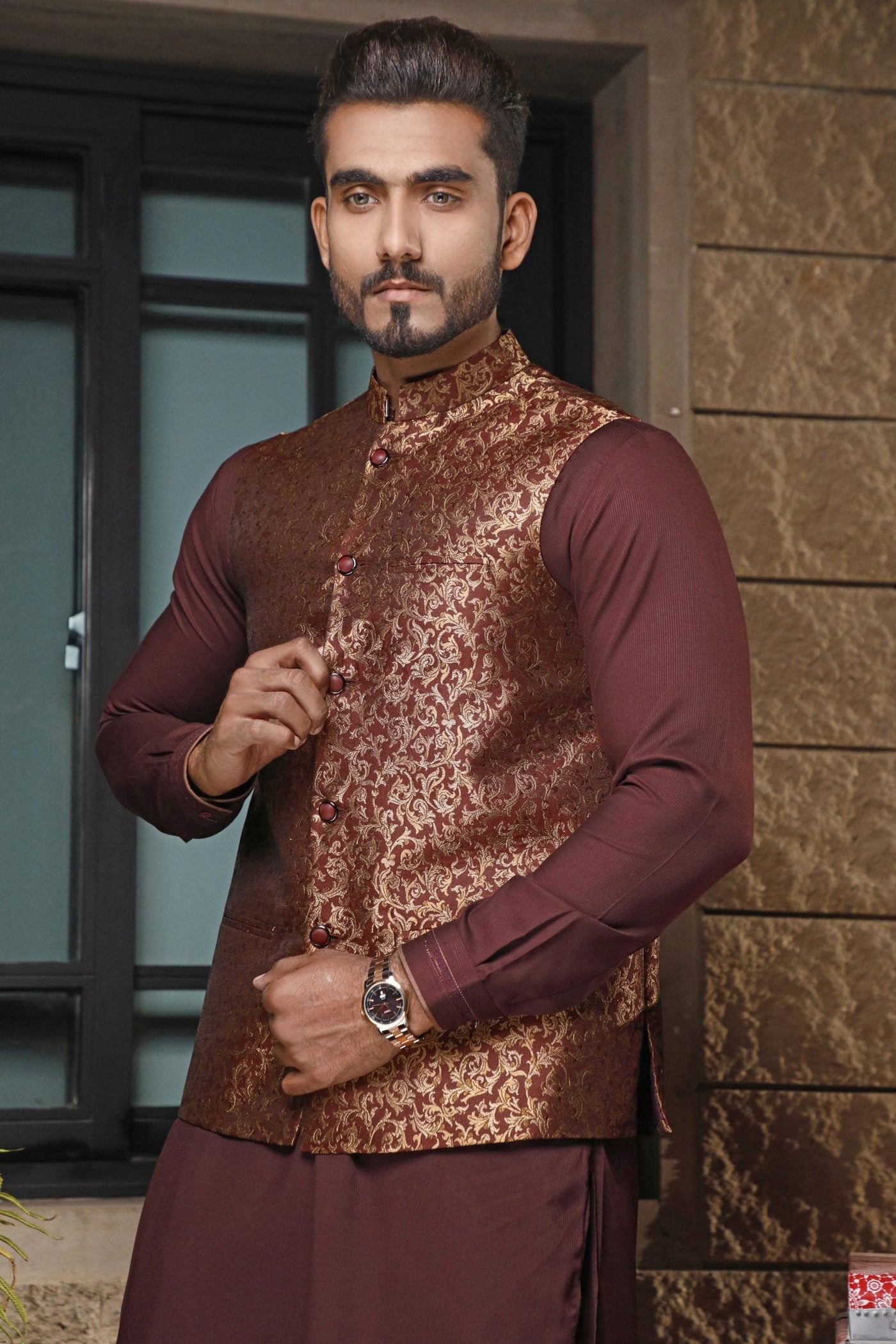 Dark Maroon Banarsi Waistcoat